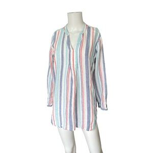 LL Bean Linen Blouse Long Sleeve Stripes Blue White Summer Womens Size Medium